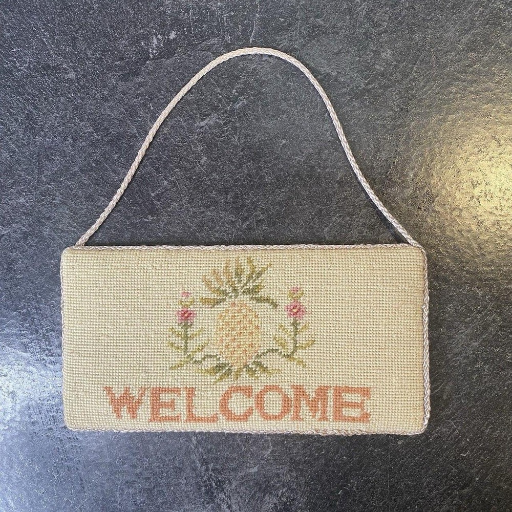 Vintage Embroidered Pineapple Welcome Door Sign Farmhouse Hanging Decor
